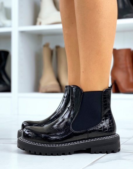 Chelsea boots effet croco noir  grosse plateforme