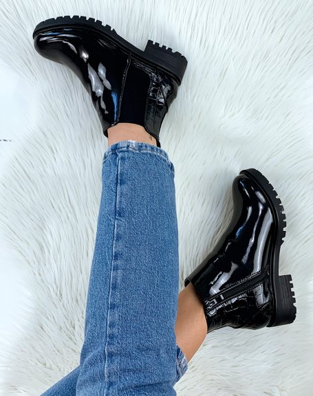 Chelsea boots noires bi-matières effet croco