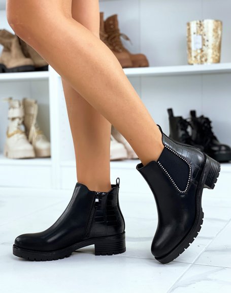 Chelsea boots noires effet croco talonnes  petits clous argents