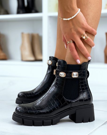 Chelsea boots noires en effet croco ornées de bijoux
