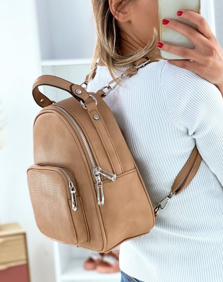Dark beige backpack with silver zips