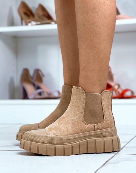 Dark beige chunky suedette chelsea boots