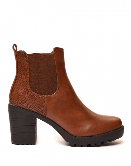 Dark camel lugged ankle boots with python print