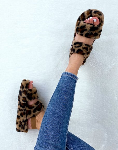Double Strap Leopard Faux Fur Slippers
