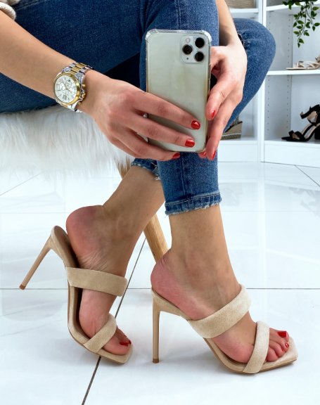 Double-strap suedette mules with beige heel