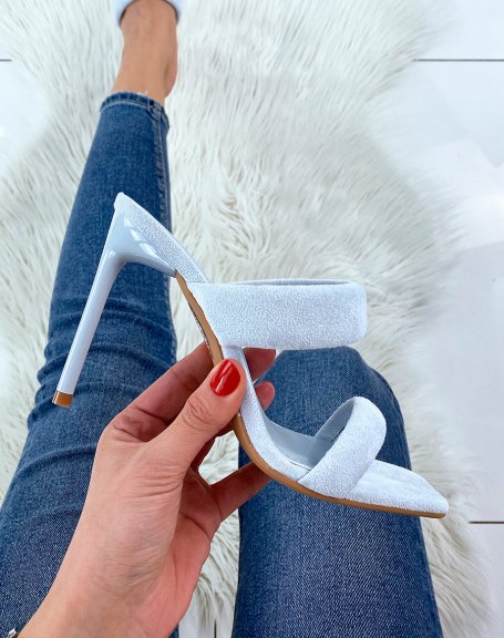 Double-strap suedette mules with pastel blue heel