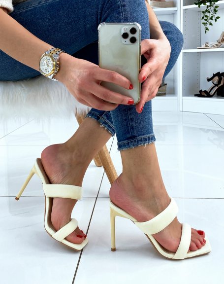 Double-strap suedette mules with pastel yellow heel