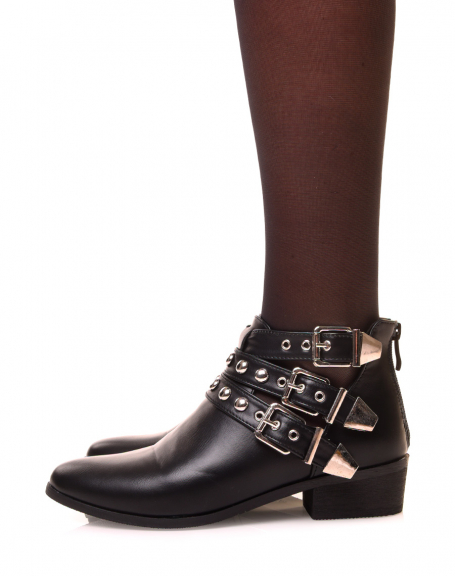 Flat black ankle boots with different studded straps