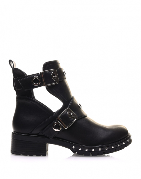 Flat black ankle boots with openwork eyelets