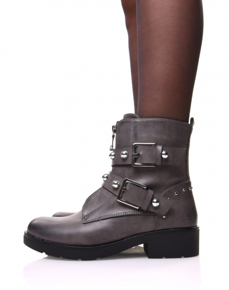 Flat gray ankle boots with beaded straps