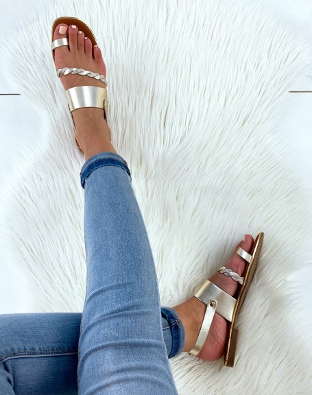 Flat leather sandals with golden braided strap