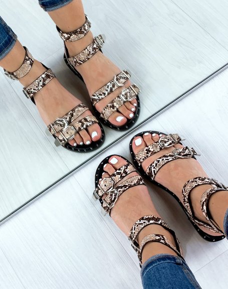 Flat python-effect sandals with buckles