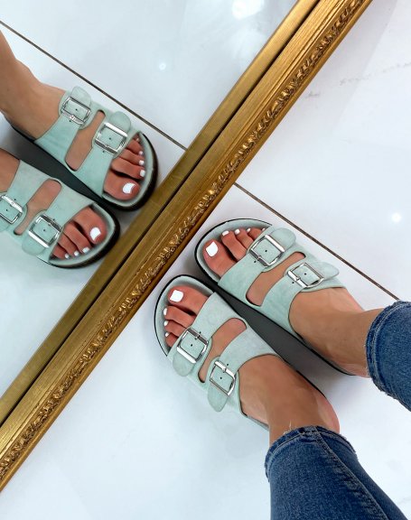 Flat sandals in pastel green suedette with double thick straps