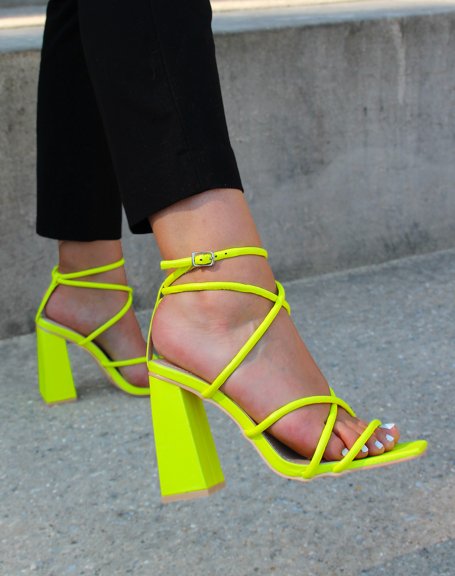 Fluorescent yellow heeled sandals with multiple straps