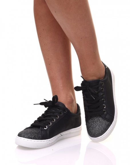 Glitter black bi-material sneakers