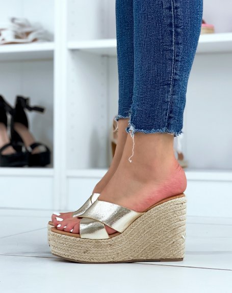 Gold crossover strap wedge mules