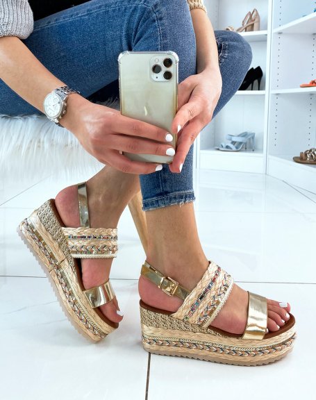 Gold wedge sandals with colored details