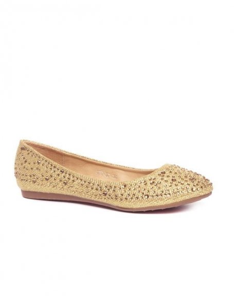 Golden women's ballerinas with sequins and rhinestones Style Shoes