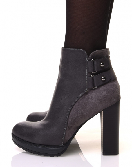 Gray ankle boots with high bi-material heels