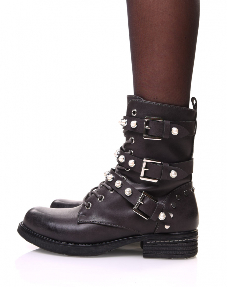 Gray ankle boots with laces and beaded straps