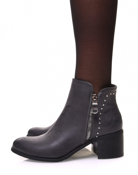 Gray ankle boots with mid heel and decorative studs