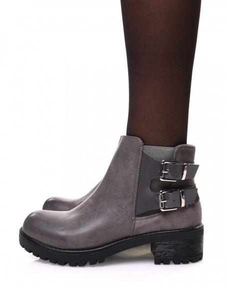 Gray ankle boots with notched sole
