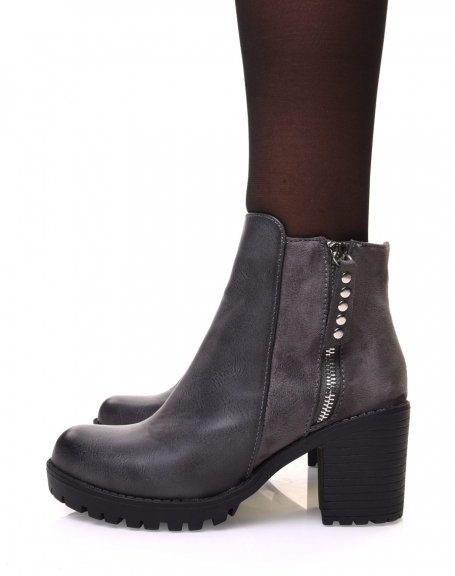 Gray bi-material ankle boots with mid-high heel