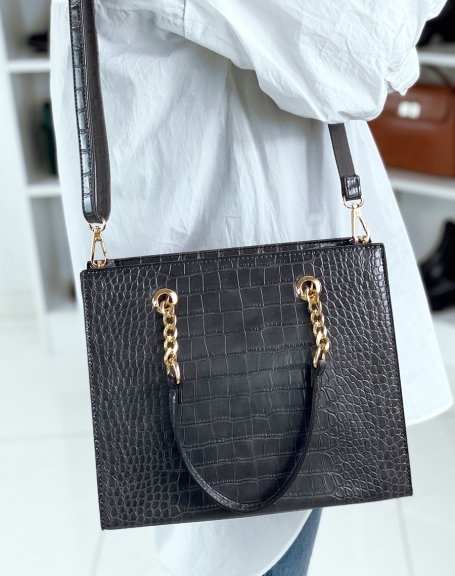 Gray croc-effect handbag with gold detail