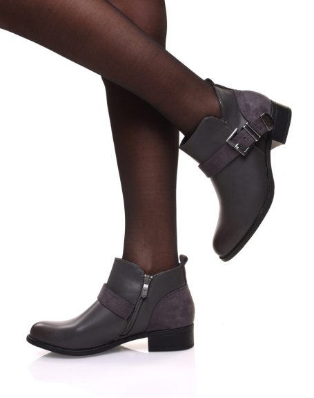 Gray flat ankle boots with suede inserts