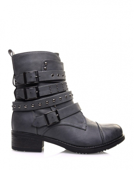 Gray high-top ankle boots with multiple straps