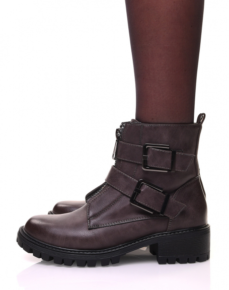 Gray high-top ankle boots with zippers