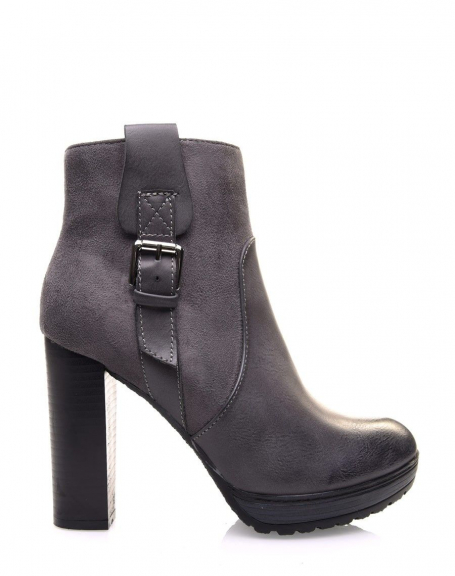 Gray notched high heel ankle boots