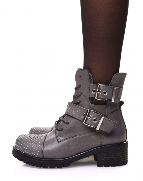 Gray openwork ankle boots with laces and embellished straps