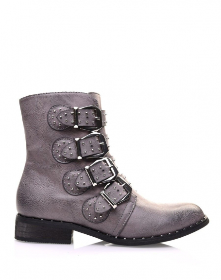 Gray strap ankle boots adorned with studs