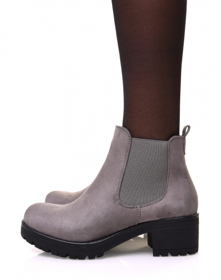 Gray suede chelsea boots with mid high heel
