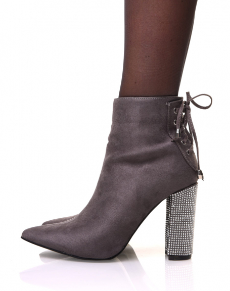 Gray suedette ankle boots with rhinestone heel