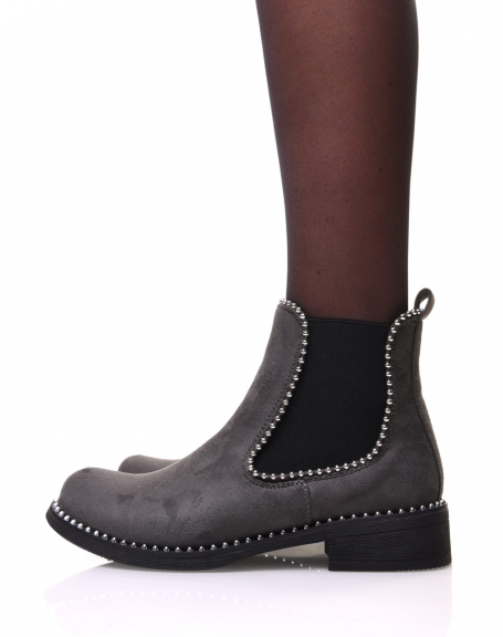 Gray suedette chelsea boots with pearl details