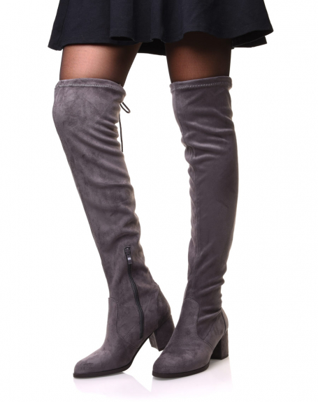 Gray suedette thigh-high boots with mid heels
