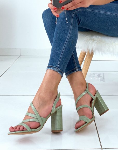 Green croc-effect multi-strap heeled sandals