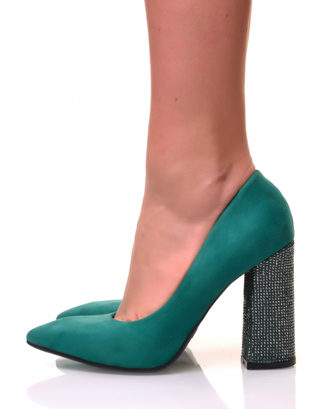 Green suedette pumps with square rhinestone heels