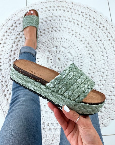 Green woven wicker slingback and platform mules
