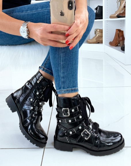 High black patent studded ankle boots
