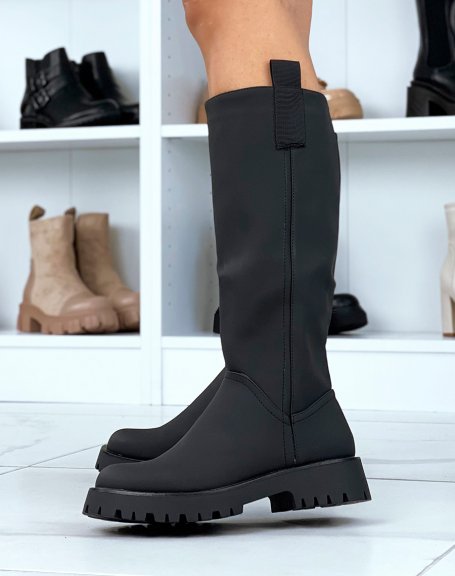 High black rubber boots with fabric insert