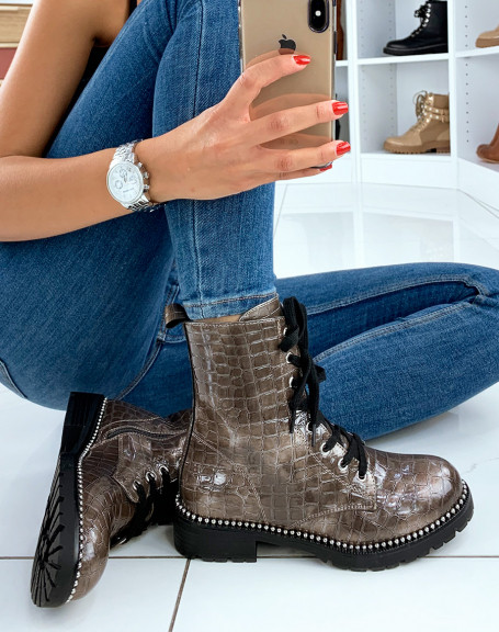 High-top bronze croco ankle boots with studs
