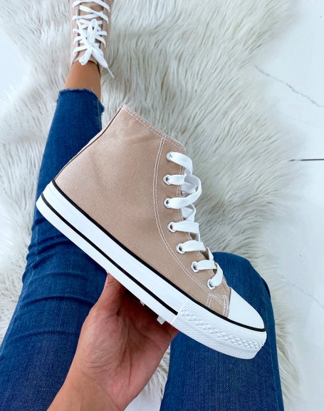 High-top sneakers in beige fabric with laces