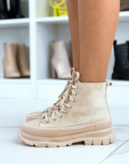 High-top sneakers in beige suede with XXL sole