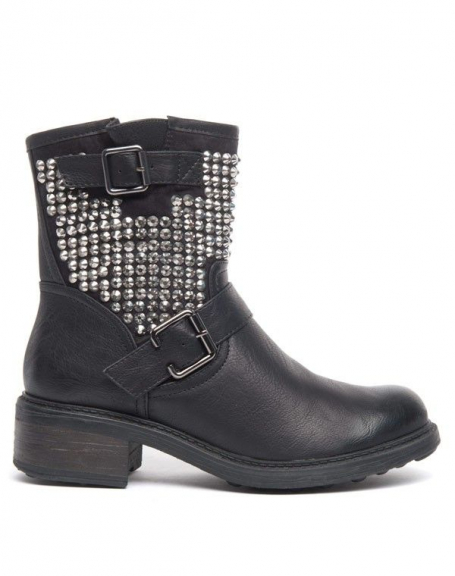 Ideal boots with rhinestones, double buckle and black vintage patina effect