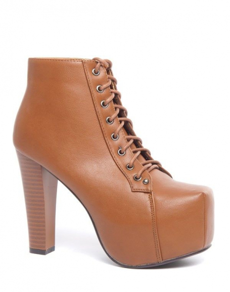 Ideal camel platform ankle boots high heels with laces