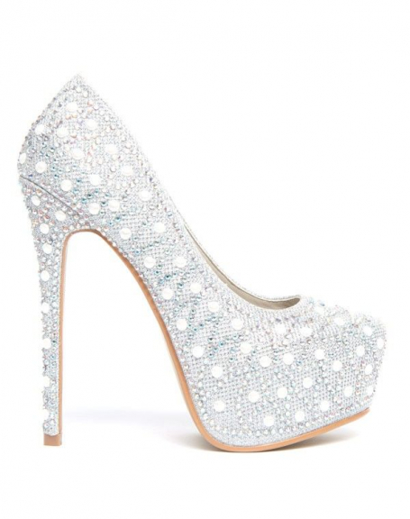 Ideal silver platform pumps with rhinestones and fancy pearls