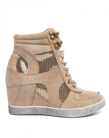 Ideal women's shoe: Beige high top sneaker with golden rhinestones.